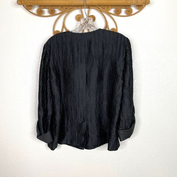Eileen Fisher Black Collarless Crinkle Leather Trim Jacket M - Picture 5 of 5